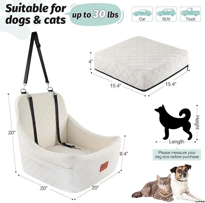 Dog Car Seat for Medium Dogs,Easy to Install with Adjustable Straps,Anti-Slip Bottom,Fully Detachable and Washable,Soft Fabric Fill in Memory Foam,Two Side Pockets(Beige,Medium)