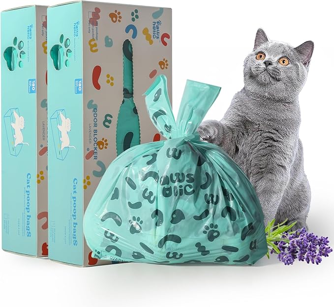 Cat Litter Bags Biodegradable 100% Leak-Proof Cat Poop Bags with Handle, 360 Counts, Cornstarch Based Extra Thick, Easy Tie Pet Waste Pick Up Bag (Lavender Scented)