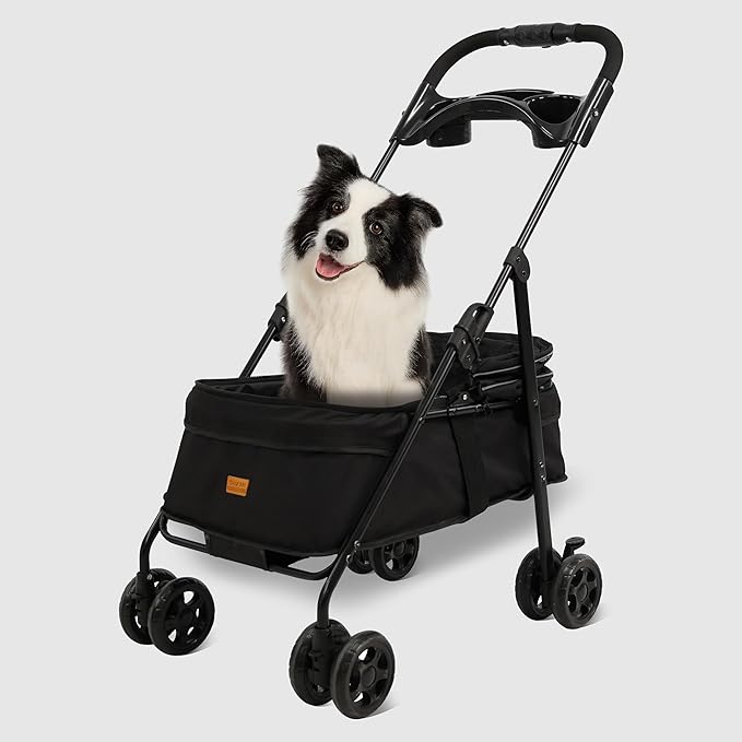 4 Wheels Pet Stroller,One-Click Folding Portable Folding Dog Cat Stroller,Sunshade, Storage Bag, Waterproof Oxford Fiber，Breathable and Visible Mesh for Small/Medium Pets up to 33 lbs,Black ﻿