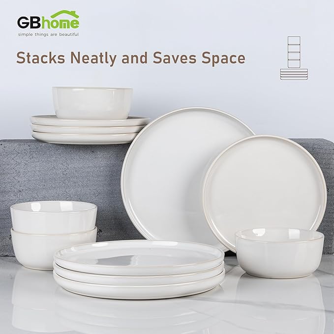 GBHOME Ceramic Dinnerware Sets for 4, 12 Pieces Stoneware Plates and Bowls Sets, Reactive Glaze Dishes -Scratch Resistant, Dishwasher&Microwave Safe-Star White