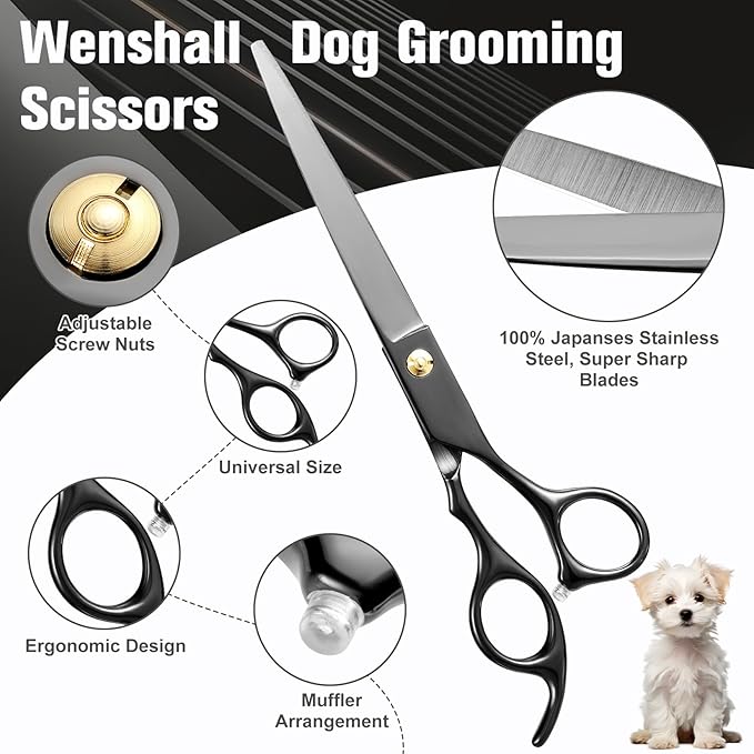 Professional Dog Grooming Scissors Set - 6.5" Thinning, 7" Straight, 7" Up-Curved, 7" Down-curved Scissors and Comb for Dog Cat Pet (Black)