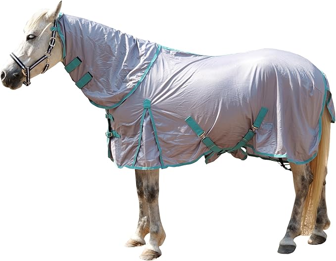 Horse Fly Sheet with Detachable Neck Cover & Belly Wrap, Adjustable Fly Sheet for Horses, Ventilated Airflow Mesh Equine Cooling Summer Flysheet Grey 78