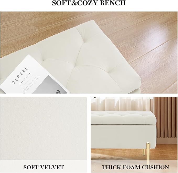 Velvet Storage Bench Ottoman,Versatile Seating with Hidden Storage,End of Bed Bench,Tufted Bench for Bedroom,Living Room,Entryway,Ivory