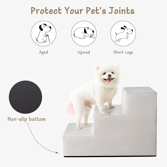 Dog Stairs for Small Dogs & Cats, 3-Step Extra Wide Non-Slip Pet Steps for Couch Sofa and Chair, Light Grey, 15.7" H