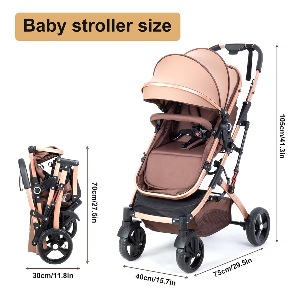 2 in 1 Baby Stroller Newborn Foldable Pushchair with Adjustable Canopy Folding High Landscape Infant Carriage, Anti-Shock Toddler Pushchair