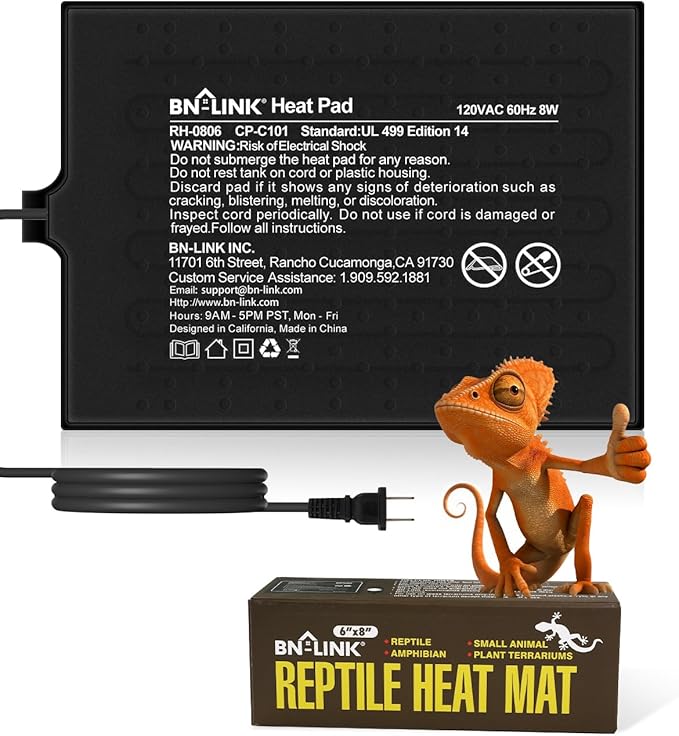 BN-LINK Reptile Heat Pad 6"X8" 8W for 10-20gal Under Tank Terrarium Heating Mat Waterproof for Turtle, Lizard, Frogs, Snake, Hermit Crab