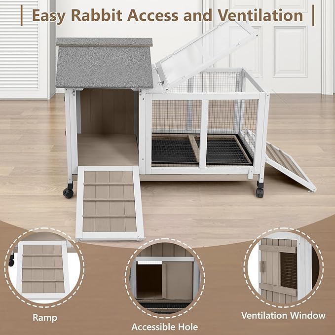 76''L Rabbit Hutch Outdoor Indoor with Wheels, Wooden 2 Story Bunny House Rabbit Cage with Run, Waterproof Roof, Pull Out Tray, Guinea Pig Cage Chicken Coop for Small to Medium Pets