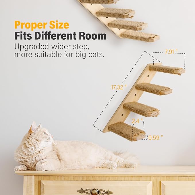 4-Step Cat Wall Shelves and Stairs With Sisal Rope - Improved & Stronger Tree Supplies, Large, Brownish White