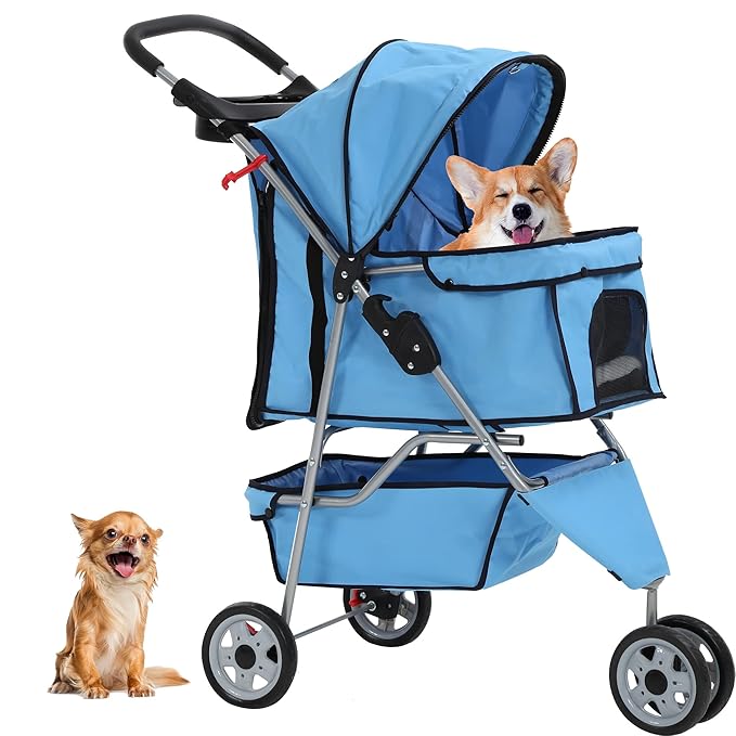 Dog Stroller,3 Wheels Travel Folding Pet Stroller for Small Medium Dog Cat Jogger Stroller with Storage Basket Removable Liner Blue