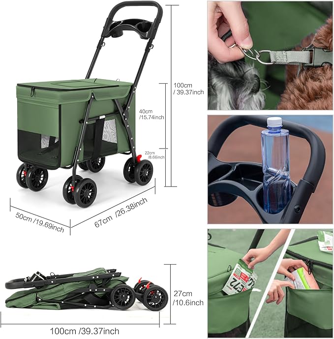 Pet Stroller Cat Dog Stroller Travel Folding Pet Carriers（Green）