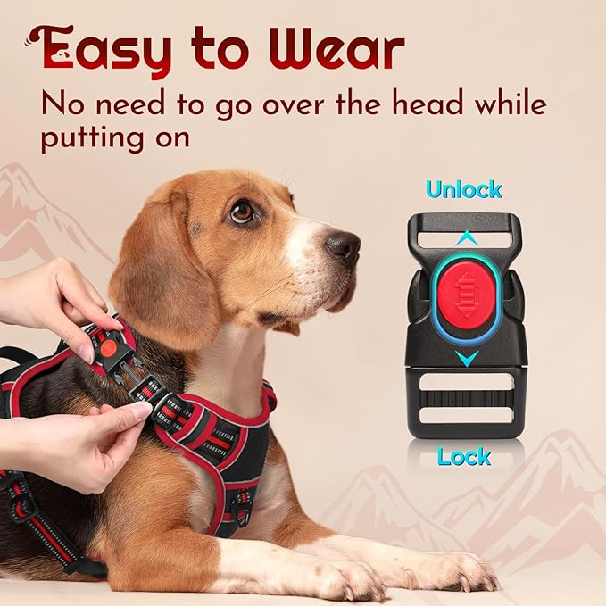Eagloo Dog Harness for Large Dogs, Easy Wearing with 3 Buckles, Adjustable No Pull Pet Harness with 2 Rings for Walking, No Chock Reflective Soft Padded Vest with Control Handle, Black & Red, XL