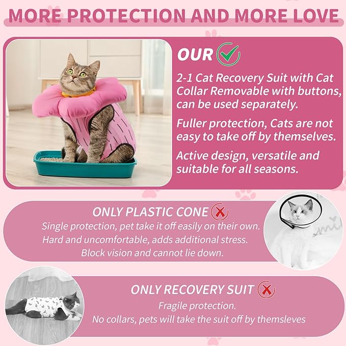 EMUST 2PCS Cat Recovery Suit and Cone Collar - Female, Breathable Cotton, Adjustable Soft E Collar Alternative for Cats 8-16lb (Pink, L)