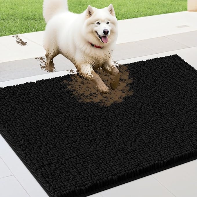 IM HOME 36" x 24" Black Dog Door Mats for Muddy Paws, Chenille Absorbent Dog Mat, Non Slip Heavy Mud Mat for Dogs, Soft Pet Bed Mat for Entryway, Mud Paws, Inside Floor