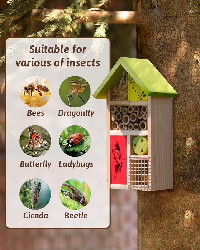Premium Bug Hotel Kit Cedar Wood Insect Hotel Insect House - Backyard Bee House, Nesting Habitat Shelters, Garden Shelter for Bees, Butterflies, Bugs,Heavy Duty Thickness Colorful
