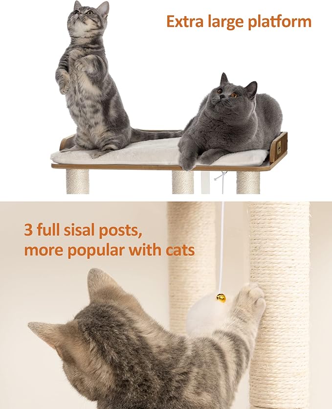 FourFurPets 26.7in Large Cat Tree Tower Condo, Cat Scratch Posts for Indoor Cats, Big Plate, Three 23.6in Full Sisal Scratching Posts, Rustic Brown