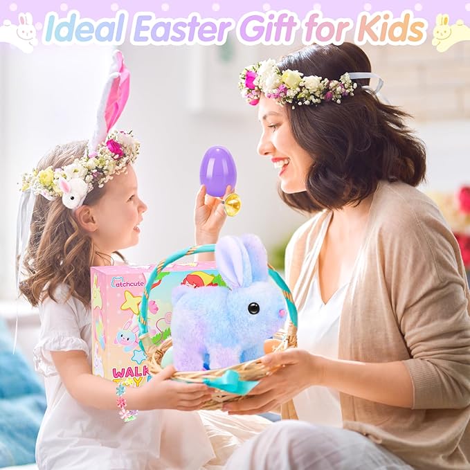 Plush Bunny Easter Toys for Kids,Interactive Bunny with Sounds,Can Walk and Wag Tail with Remote Control Leash,Easter Eggs with Surprise,Easter Birthday Gift for Toddlers
