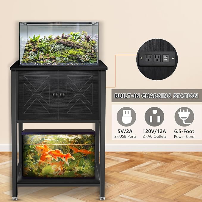 5-10 Gallon Fish Tank Stand, Heavy Duty Aquarium Stand with Cabinet & Power Outlets for Fish Tank Accessories Storage, Double Tank Stand 20.5" L* 11" W Tabletop, 220LBS Capacity Black