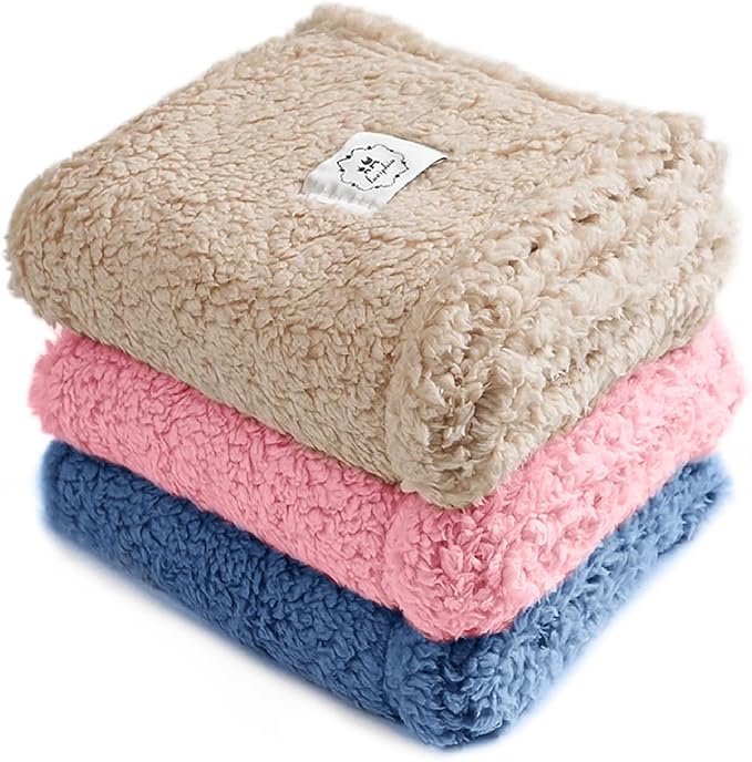 Luciphia 1 Pack 3 Calming Dog Blanket Fluffy Premium Fleece Pet Blankets Soft Sherpa Throw for Dogs Puppy Cat Beige/Pink/HazeBlue Small (23" x16")