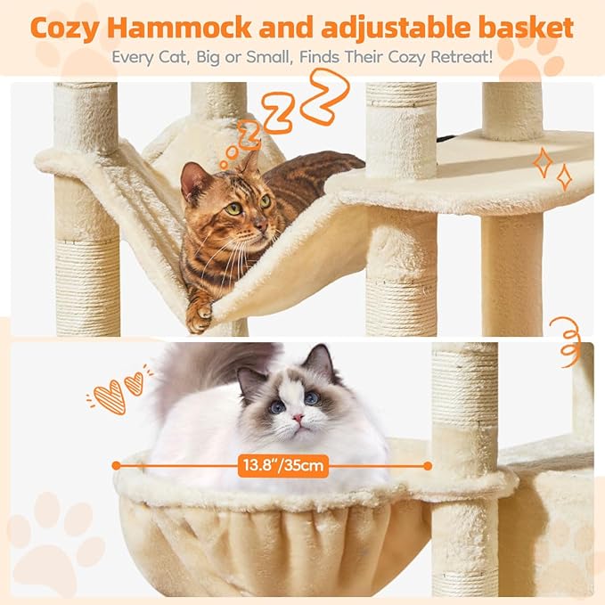 Taoqimiao Large Cat Tree，73-Inch Cat Tree Tower with 9 Scratching Posts for Indoor Cats, 2 Large Cat Condo with Hammock, Hanging Basket, 2 Extended Platform, Beige MS013XLM