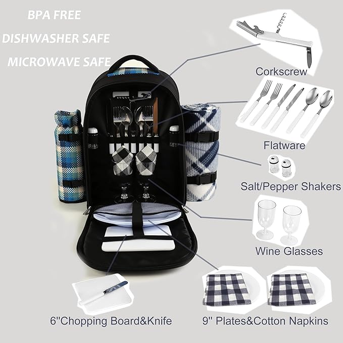 apollo walker Picnic Backpack Bag for 2 Person with Cooler Compartment, Detachable Bottle/Wine Holder, Fleece Blanket, Plates and Cutlery Set