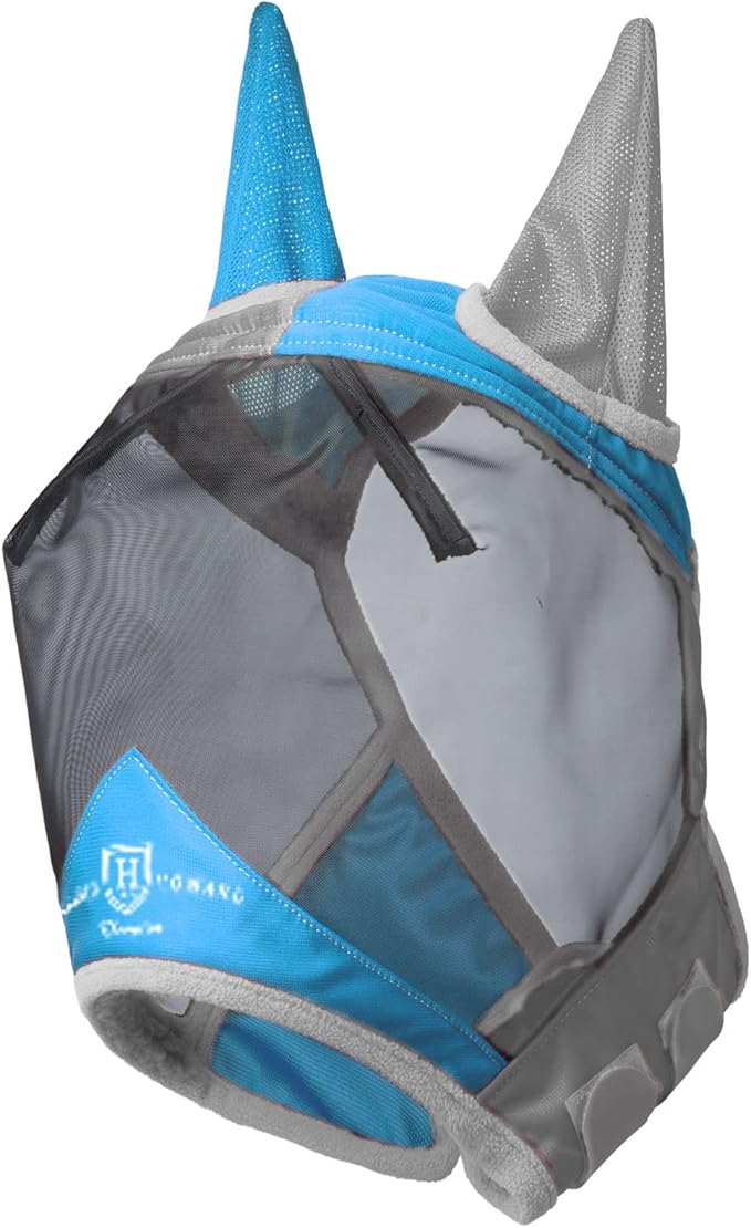 Harrison Howard Pro Luminous Horse Fly Mask Standard with Ears UV Protection for Horse Azure Blue/Silver XL Extra Full Size