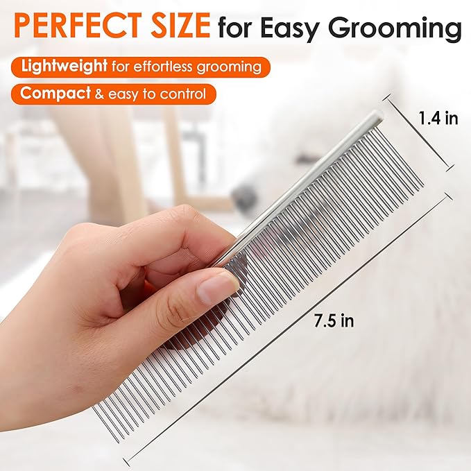 Dog Comb to Remove Tangles and Knots, Cat Comb with Stainless Steel Teeth and Non-Slip Handle, Dog combs for grooming matting for Long Haired Pets (Large)