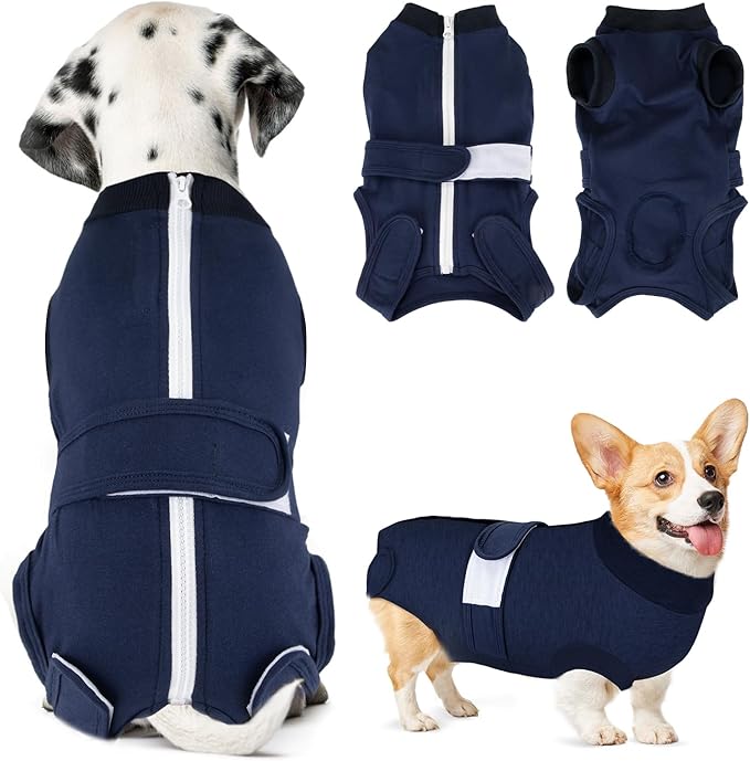 Lukovee Recovery Suit for Dogs, Zipper-On Onesie for Female Male Dog, Abdominal Wounds Cone E-Collar Alternative, Prevent Licking Spay (M, Dark Blue)