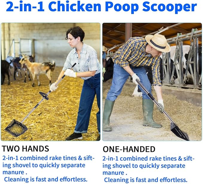 Chicken Poop Scooper, 2-in-1 Coop Litter Scoop, Heavy Duty Metal Adjustable Shovel for Sand/Litter