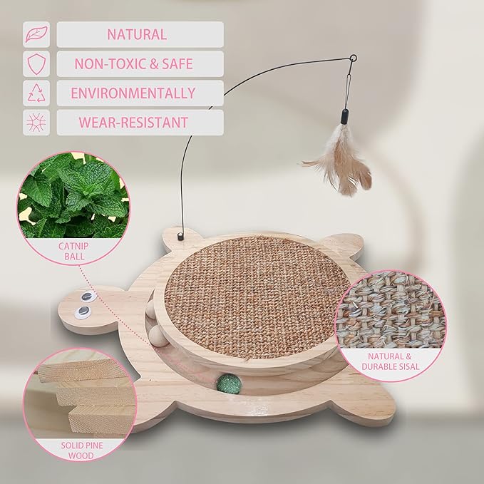 Petest Interactive Cat Toy Cat Scratch Toy Natural Sisal Scratcher with Catnip Balls, Cat Scratch Pad, Turtle Design