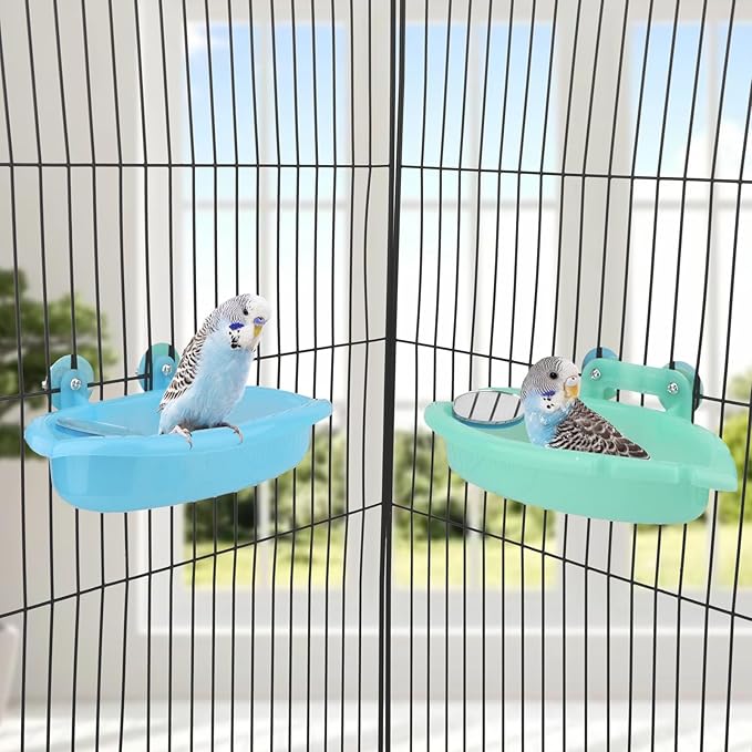 Wontee Bird Bath Box with Mirror Portable Parrot Hanging Bathroom Bathing Tub for Small Birds Cleaning Supplies (Blue(A)+Green)