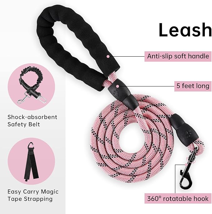 IVY&LANE No Pull Dog Harness for Small Dogs, Dog Vest Harness with Leash, Safety Belt and Storage Strap, Fully Adjustable, 360 Reflective Strip, Soft Handle (Pink, S)