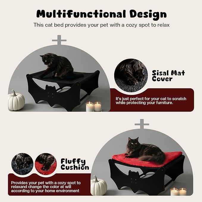 Halloween Gothic Cat Bed with Bat Design, Wooden Elevated Cat Beds with Sisal Scratching Mat, Cats Scratcher Bed with Removable Fluffy Cushion, Raised Pet Bed for Large Cats, 22" L x 17.7" W, Black