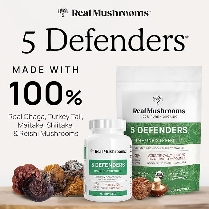 Real Mushrooms 5 Defenders - Adaptogenic Mushrooms Complex with Chaga, Reishi, Turkey Tail, Maitake & Shiitake for Wellness Support - Mushroom Beta Glucan Capsules - 90 Count