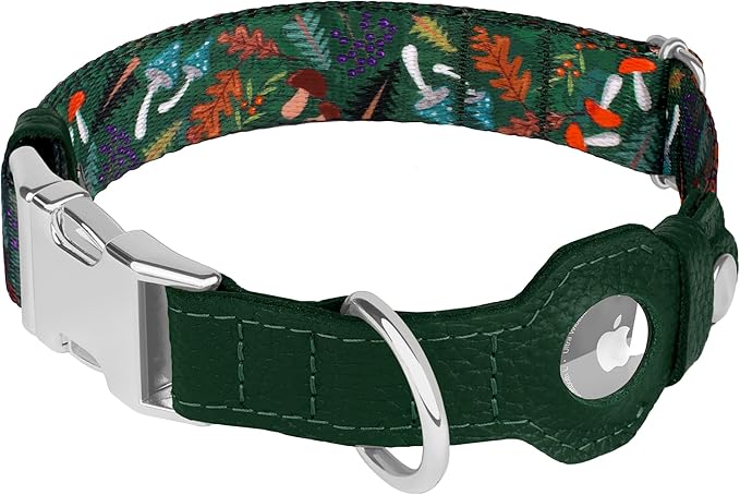 AirTag Dog Collar for Small Medium Large Breed - Adjustable Cute Pattern Dog Collar with Airtag Holder - Soft Leather Tracker GPS Apple Air Tag Pet Collars (X-Small, 9"-12" Neck Fit, Mushroom)
