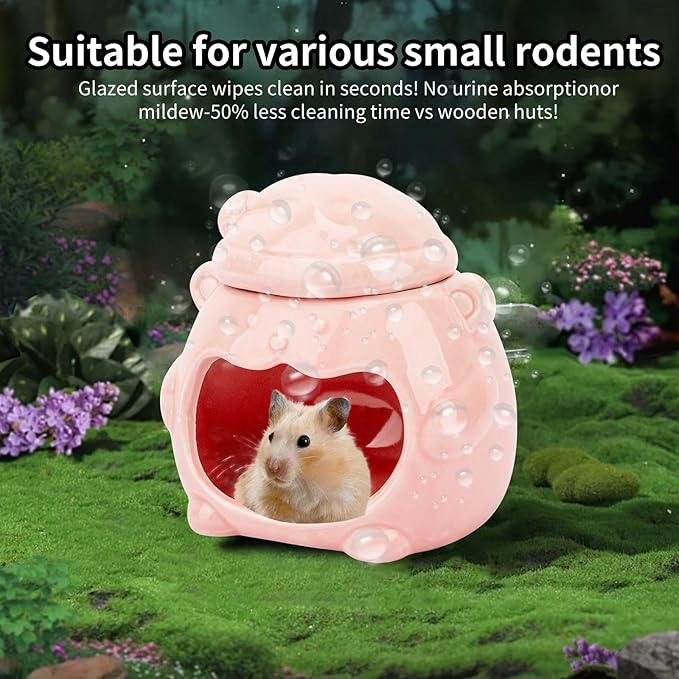 3-in-1 Bear Shaped Ceramic Hamster House - Cool House for Syrian Dwarf Hamsters, Mice, Gerbils， Small Pets, Top for Hamster Food, Removable Lid for Ice Packs, Cute Cool Hideout for Summer（Pink）