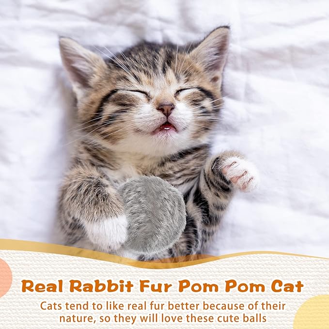 LEIFIDE 12 Pieces Real Rabbit Fur Pom Pom Kitty Cat Toy Fluffy Cat Balls Soft Fuzzy Balls for Kitty Pets Kitten Chase Quiet Play, 3 Inches in Diameter(Gray, Coffee, White)