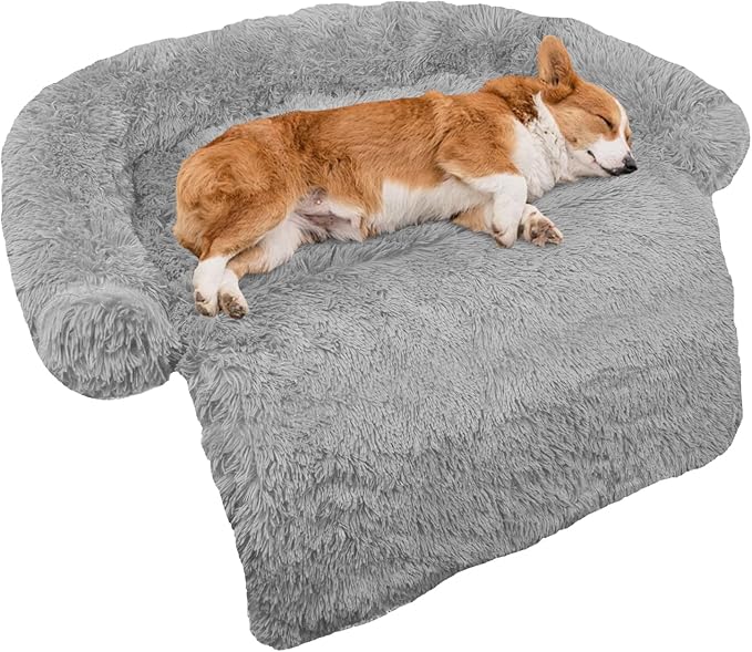 GGIB Calming Dog Bed Fluffy Plush Dog Mat for Furniture Protector with Removable Washable Cover for Large Medium Small Dogs and Cats (Medium, Grey)