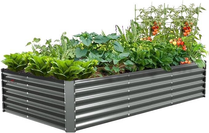 A ANLEOLIFE 8X4X1.5ft Galvanized Raised Garden Bed Kit, Rectangular Large Metal Deep Root Planters for Outdoor Plants Vegetables Flowers Herb, 359 Gallon Capacity- Quartz Grey