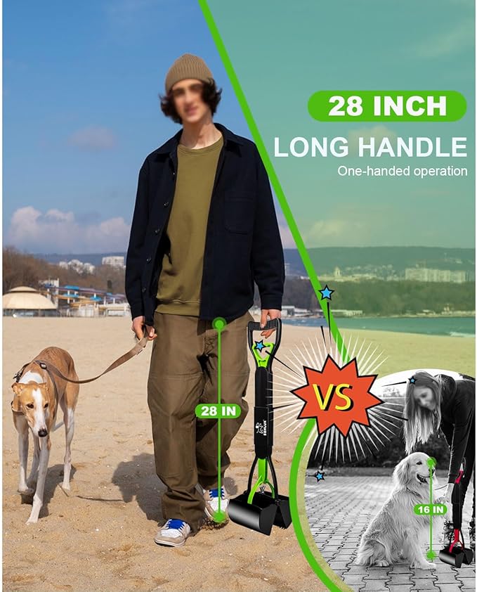 SZHLUX 28" Pooper Scooper, Foldable Dog Pooper Scooper with Unbreakable Material and Durable Spring for Grass and Gravel, Green