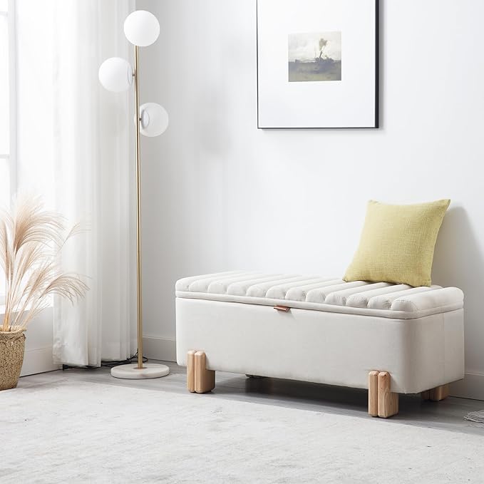 Wavy Ottoman Storage Bench Multi-Functional Narrow Entryway Bench Elegant End of Bed Bench with Storage and Safty Hinge for Living Room Entryway Hallway Bedroom Boutique, Beige