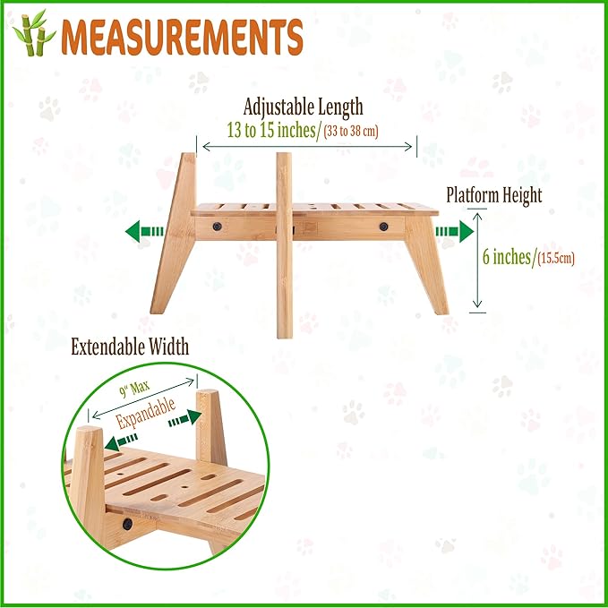 Dog Water Bowl Dispenser Stand - Compatible with Automatic and Gravity Water/Food Dispensers - Adjustable Width, Holds Various Sizes [See Photos for Measurements] - Bamboo