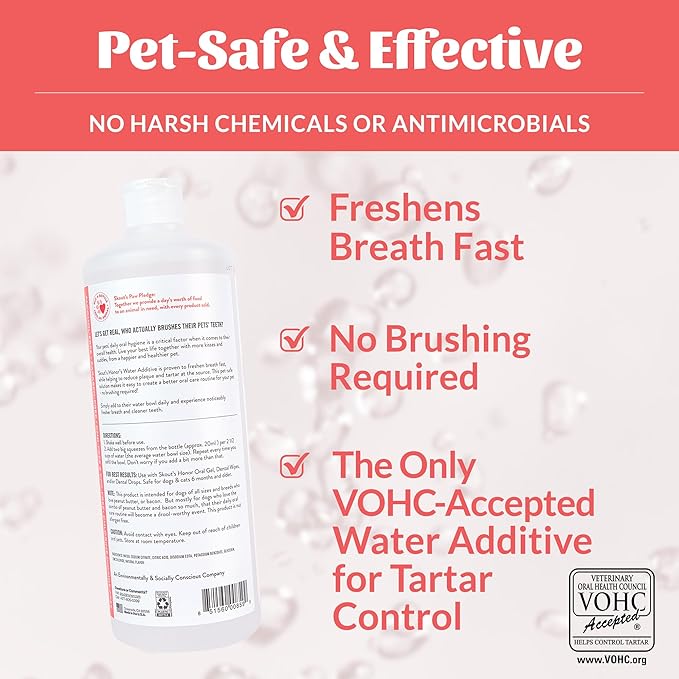 SKOUT'S HONOR Peanut Butter & Bacon Water Additive - VOHC Accepted for Tartar Control, Freshens Breath Fast, No Brushing Required, 32 oz