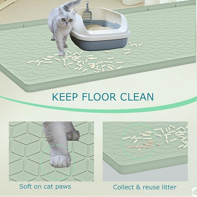 Cat Litter Mat, Silicone Large Cat Litter Trapping Mat for Litter Box - 31x22 in, Waterproof & Non-Slip, Durable & Easy Clean, Green