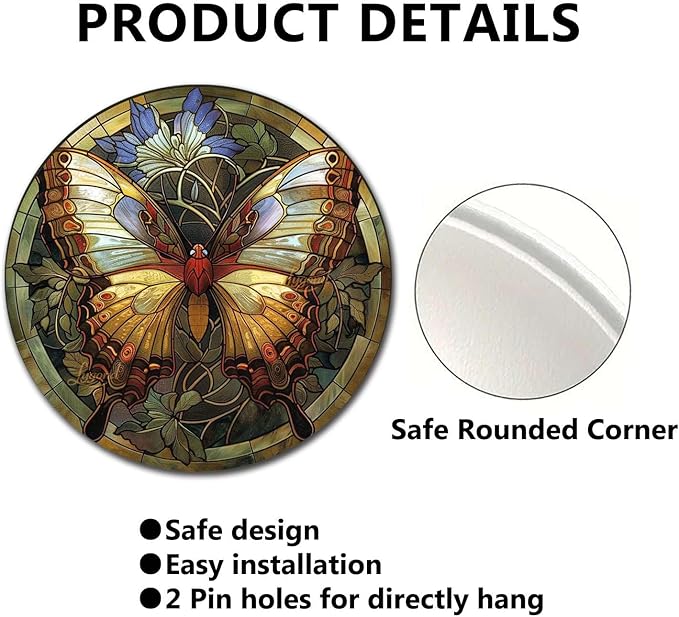 Lygond Metal Sign Tin Sign Circular Stained Glass Butterfly Tin Sign Gift for Garage 12×12 Inches