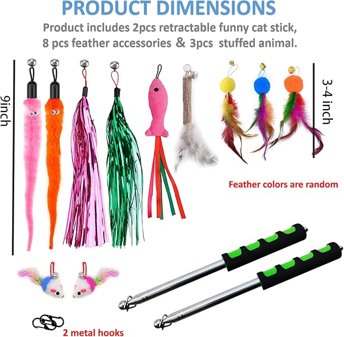 2pcs Retractable Wand Toys, Cat Fishing Rod with 11 Pcs Feather Refills for Indoor & Outdoor Cats