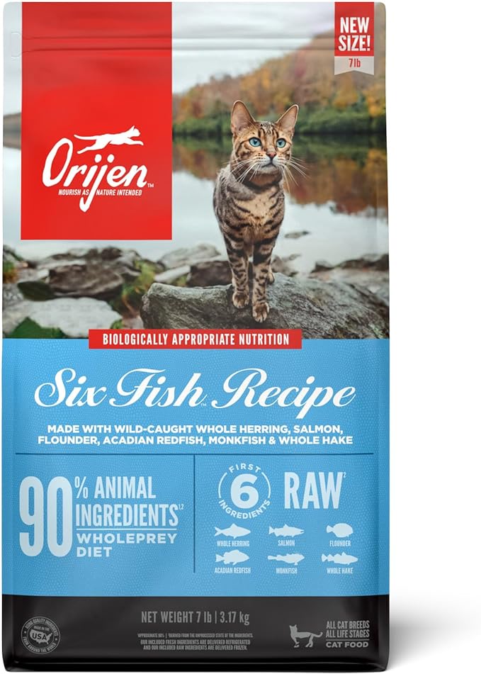 ORIJEN Grain Free High Protein Premium Dry Cat Food Six Fish Recipe 7lb Bag