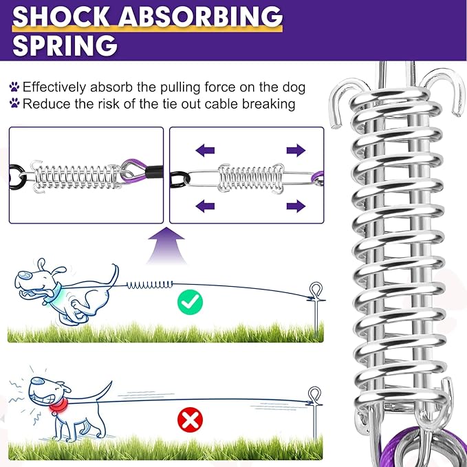 Snagle Paw 10FT Tie Out Cable for Dogs-1000LBS Break Strength,Heavy Duty Dog Leads for Yard with Shock Absorbing Spring & Swivel Hook,Dog Leash Cable for Outside,Dog Line Tether for Small Large Dogs