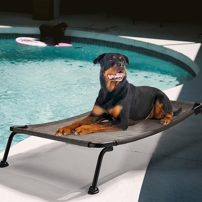 Veehoo Outdoor Elevated Dog Bed, Cooling Raised Dog Cot Bed XL, Portable Waterproof Curved Dogs Hammock Beds for Outside, up to 150lbs, Black Legs, Brown 49"