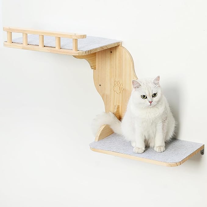 Cat Wall Perches, 2-Levels Corner Shelves Wall-Mounted Platform with Scrathing Mat, Wood Furniture for Indoor Cats Climb,Play and Nap (Left)