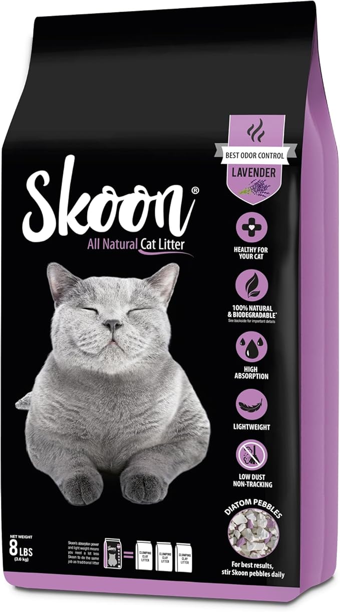 Skoon All Natural Cat Litter (1 Bag) - Lavender - Lightweight, Low Tracking, Non-Clumping Diatom Pebbles Absorb, Lock, and Seal Waste for Best Odor Control